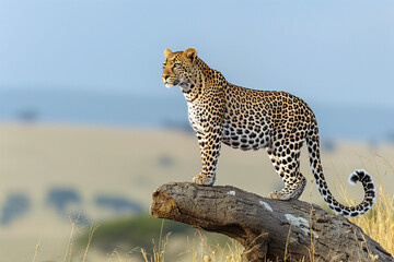 Wild cat jaguar in the African savanna. The leopard is hunting.