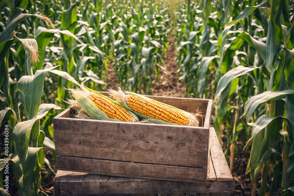 Sticker Fresh eco corn in an old wooden box. A pile of corn lies in a box against the background of a field. Organic, local, seasonal vegetables and harvest concept.