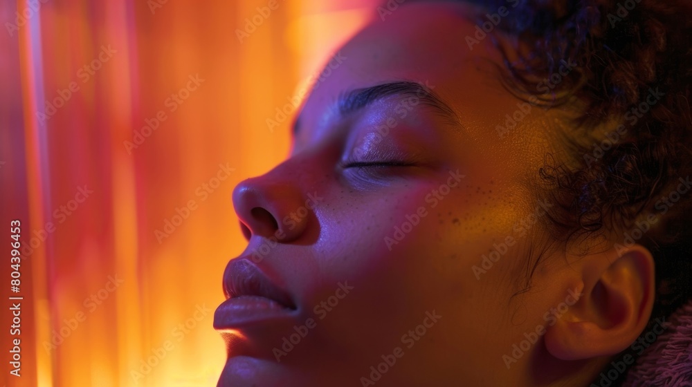 Poster a closeup of a persons face in the sauna their expression serene as they use the heat to go deeper i