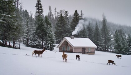 A futuristic metropolis skyline illuminated by neon lights, with sleek hovercrafts soaring through the bustling streets below, against a backdrop of a star-filled sky winter, snow, forest, cold, 