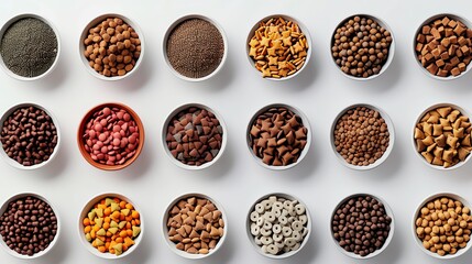 Design a clean and minimalist aerial composition featuring various types of pet food neatly arranged on a pristine white surface Utilize a combination of digital techniques to crea