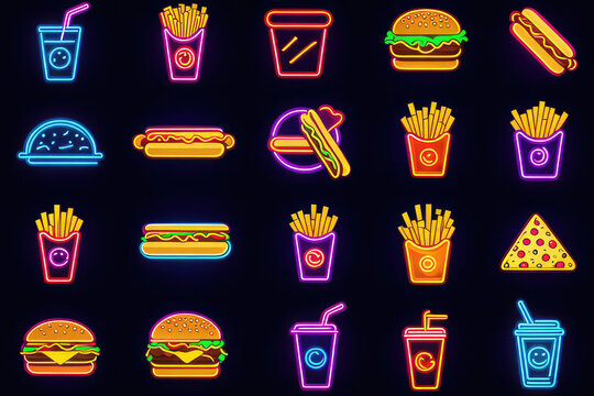 Fast Food neon icons. Food isolated icons, emblem, design template. French fries, Drink, Pizza, Burger, Taco, Shawarma, Hot Dog, Noodles, Donut. Vector Illustration
