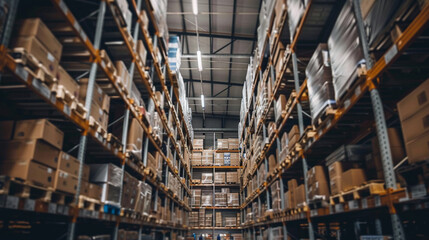 A warehouse interior filled with shelves stacked high with boxes and packages illustrating the logistical operations behind e-commerce fulfillment and distribution.