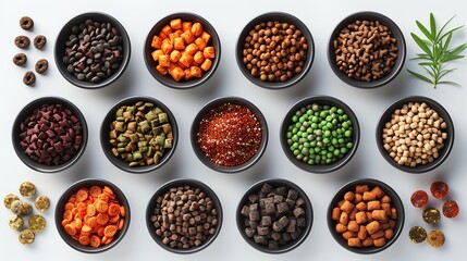 Produce a captivating aerial image of a diverse assortment of pet food products against a pure white backdrop Use a mix of traditional and digital styles to showcase the products i