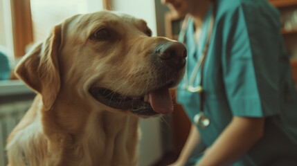 A dog sits beside a woman dressed in scrubs on the floor