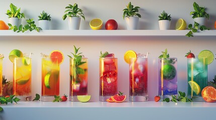 Produce a side view illustration of a colorful cocktail bar set-up, capturing the vibrancy of mixed drinks against a pristine white background with realistic shading and texture