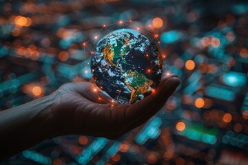 Fototapeta premium Silhouette of a hand holding a flying earth, adorned with intricate network connections, symbolizing global communication against a captivating starry sky background.