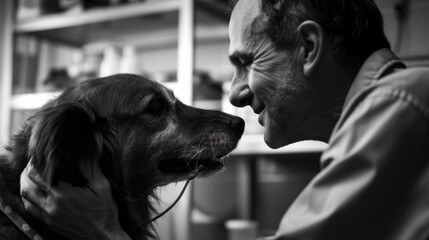 A man cradling a dog on his lap in a tender moment of connection
