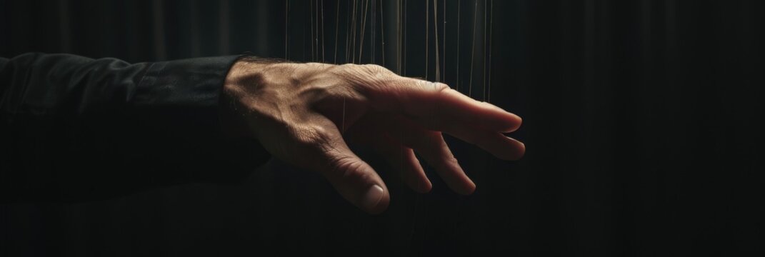 Mans hand manipulates the invisible strings of a puppet on a black background