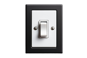 The image shows a black and white light switch. The switch is in the off position. White background, Transparent background.