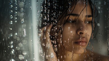 Woman standing behind a glass shower door, with water droplets cascading down the surface