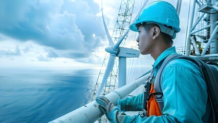 Engineer working on offshore wind turbine at sunset with ocean backdrop. Concept Engineering, Wind Turbine, Offshore, Sunset, Ocean - obrazy, fototapety, plakaty