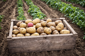 Fresh eco potatoes in an old wooden box. A pile of potatoes lies in a box against the background of a field. Organic, local, seasonal vegetables and harvest concept.