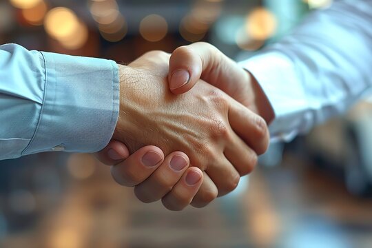 Close-up of a business handshake at a car dealership, focus on hands with a blurred background of premium cars