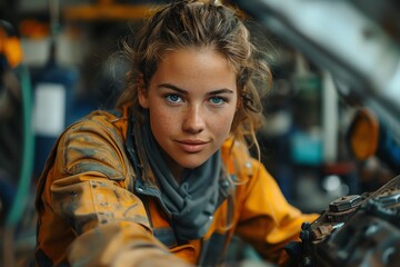 Female mechanic working under hood of a hybrid car, garage setting with tools and car parts, confident posture, wearing a jumpsuit and holding a wrench