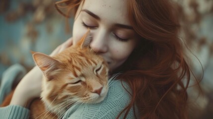Young woman cuddling her ginger cat