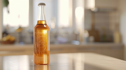 A bottle of kombucha against a plain background with free place for text. Trendy organic refreshing natural beverage