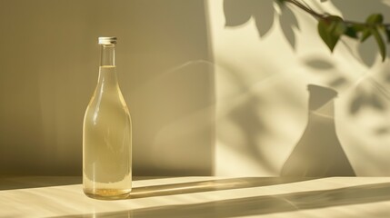 A bottle of kombucha against a plain background with free place for text. Trendy organic refreshing natural beverage
