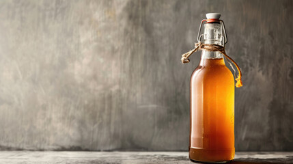 A bottle of kombucha against a plain background with free place for text. Trendy organic refreshing natural beverage