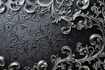 An elegant background with an intricate filigree pattern in silver over a matte black base, perfect for a luxurious and sophisticated feel.