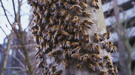 A large swarm of bees covers a tree trunk.