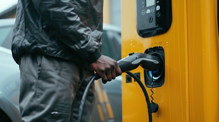 A person charges an electric car. The person is wearing a black jacket. The car is yellow. The charging station is yellow.