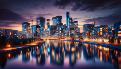 Cosmopolitan Dusk: Luminous Cityscape with Dynamic Water Reflections
