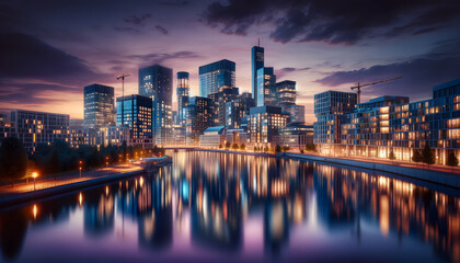 Fototapeta premium Cosmopolitan Dusk: Luminous Cityscape with Dynamic Water Reflections