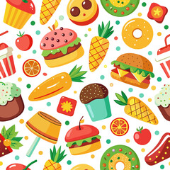 Seamless pattern with fast food cake, burger, ice cream and fruit, cute flat style vector illustration on white background generated by Ai