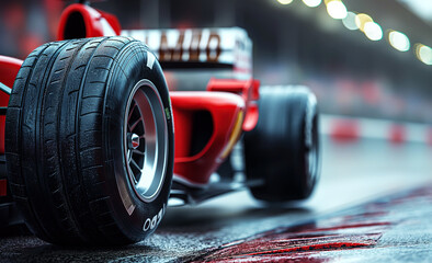 front wheel of red Formula one racing car at start of race