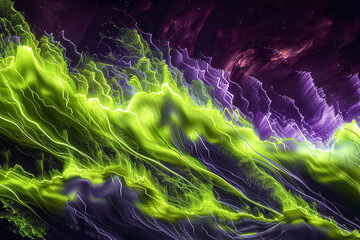 An explosive visual of bright lime green and vivid purple waves crashing together, creating an abstract pattern that mimics a firework display in a night sky.