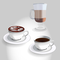set of cups with coffee, cappuccino, latte, vector