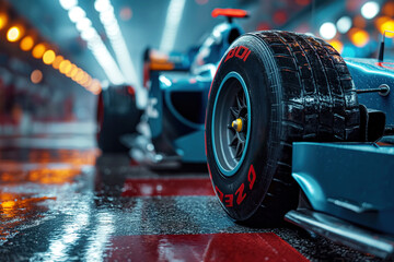 front wheel of blue Formula one racing car at start of race closeup