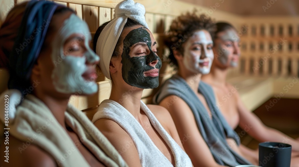 Poster several people sitting in a sauna each with a different type of clay mask on their face all taking t