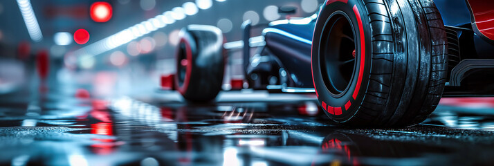 back rear wheel of Formula one racing car at start of race close up