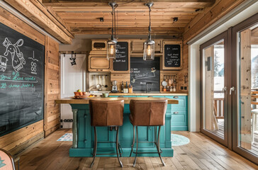 The kitchen of the modern apartment is made in light wood, with blue accents and green plants on top. The island table has two wooden chairs near an open layout