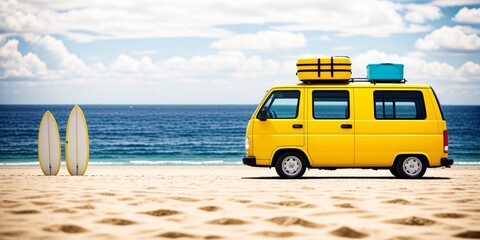 Yellow van parking on the beach, Summer concept.