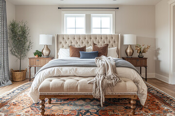 A chic upholstered bench at the foot of the bed, adding functionality.