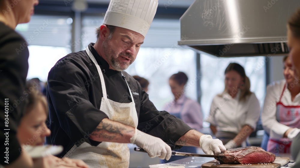 Poster a chef demonstrates how to properly sear a steak as the class eagerly watches and takes notes.