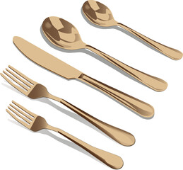 table set of gilded forks, spoons and knife, vector illustration