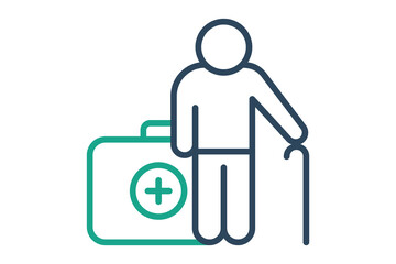 health icon. elderly using walking stick with health box. icon related to elderly. line icon style. old age element illustration