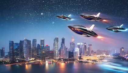 Naklejka premium A futuristic metropolis skyline illuminated by neon lights, with sleek hovercrafts soaring through the bustling streets below, against a backdrop of a star-filled sky
