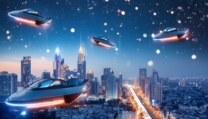 Fototapeta premium A futuristic metropolis skyline illuminated by neon lights, with sleek hovercrafts soaring through the bustling streets below, against a backdrop of a star-filled sky