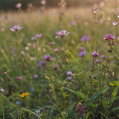 a many purple flowers in a field of green grass