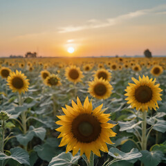 a many sunflowers in a field with a sunset in the background