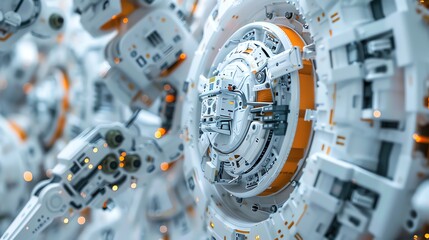 Fototapeta premium Craft a vivid, panoramic view of intricately detailed 3D printed robot parts in a digital photorealistic style, showcasing the precision and complexity in each component