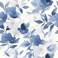Delicate watercolor white-blue flowers seamless pattern. Floral background. Delicate branches and leaves. Watercolor print isolated on white background for textile or wallpapers.