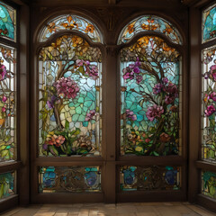 a two stained glass doors with flowers and birds in them