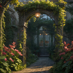 a archway with a lamp in the middle of a garden