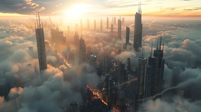 Create a digital rendering of a futuristic cityscape with skyscrapers disappearing into the clouds, showcasing the concept of cloud computing Utilize CG 3D rendering techniques to emphasize depth and